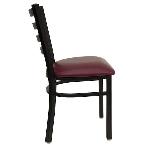 Metal Ladder Back Restaurant Chair With Black/Burgundy Vinyl/Padded Seat 
