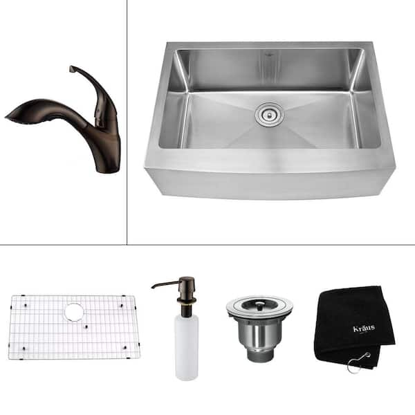 KRAUS All-in-One Farmhouse Apron Front Stainless Steel 30 in. 0-Hole Single Bowl Kitchen Sink w/ Oil Rubbed Bronze Accessories