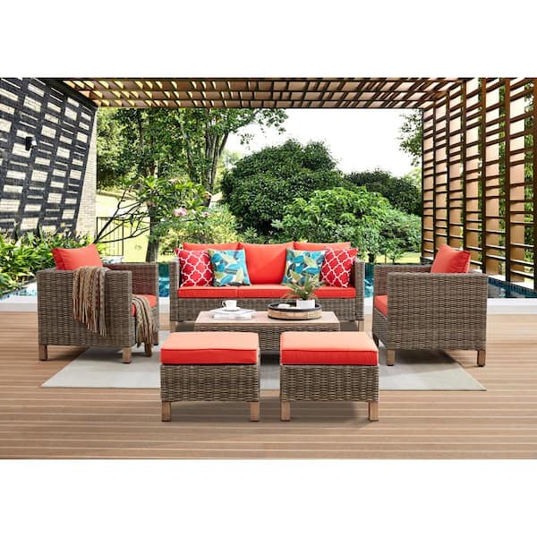 Summax 6-Piece Wicker Patio Conversation Set with Orange Cushions