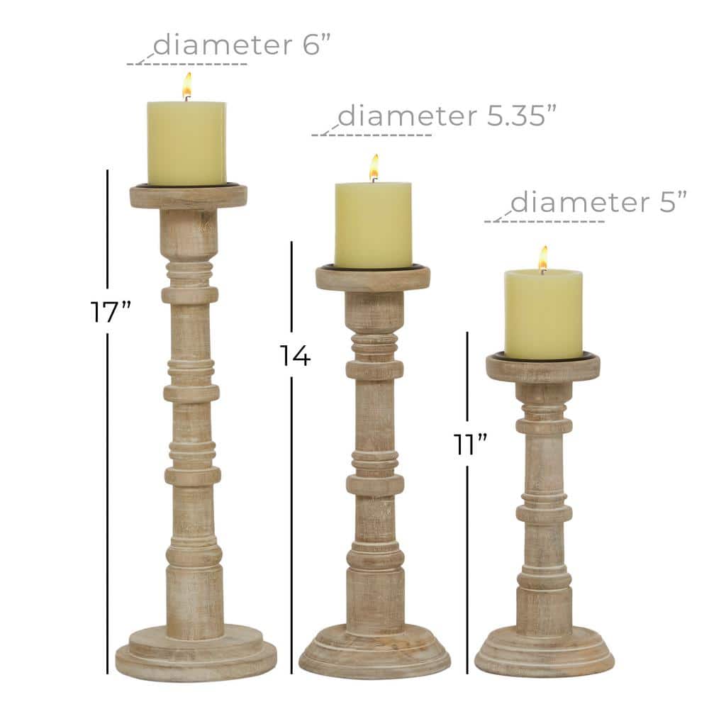 Vintage Natural Mango Wood Pillar Candle Holders, Set of 3