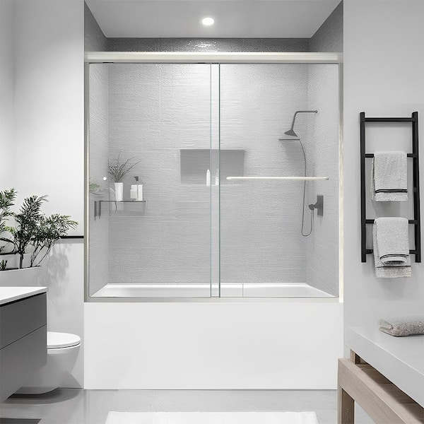 iBath 55-60 in. W x 56 in. H Sliding Semi Frameless Tub Door in Brushed Nickel Finish with Clear Glass