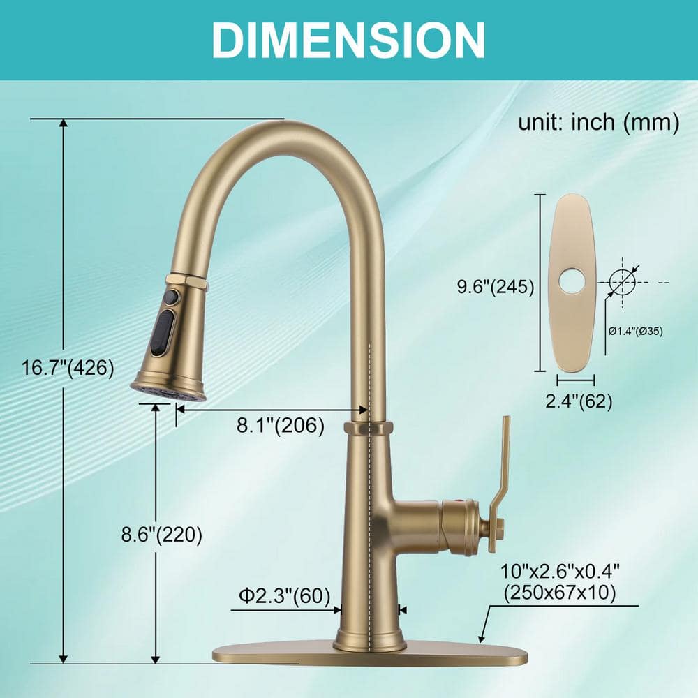 Brushed Gold Stainless Steel Single Handle Pull Down Kitchen Faucet