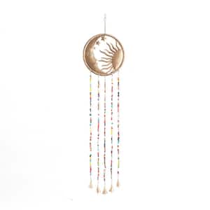 37 in. Brass Metal Sun and Moon Indoor Outdoor Windchime with Glass Beads and Bells