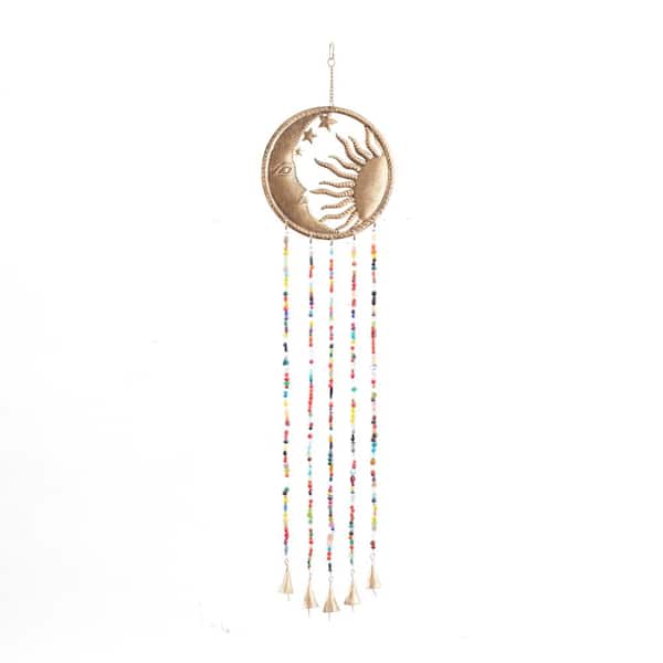 Litton Lane 37 in. Brass Metal Sun and Moon Indoor Outdoor Windchime with Glass Beads and Bells