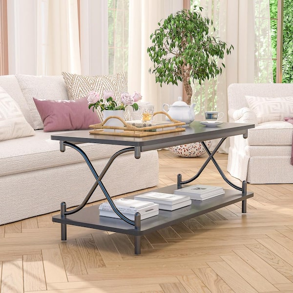 Industrial 39 in. Black Rectangle Wood Coffee Table with 2-Nightstands, X-Frame Coffee Table Set with Storage Drawers