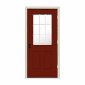 36 in. x 80 in. 9 Lite Mesa Red Painted Steel Prehung Left-Hand Outswing Entry Door w/Brickmould