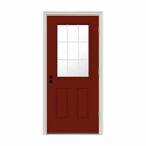 JELD-WEN 36 in. x 80 in. 9 Lite Mesa Red Painted Steel Prehung Left-Hand Outswing Entry Door w/Brickmould