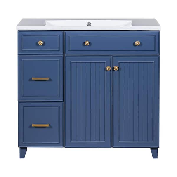 Zeus & Ruta 36 in. W x 18 in. D x 34.3 in. H Single Sink Bath Vanity in Navy Blue with White Resin Top and 2-Drawers