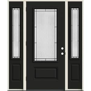 60 in. x 80 in. Right-Hand 3/4 Lite Decorative Glass Wendover Black Fiberglass Prehung Front Door w/Sidelites