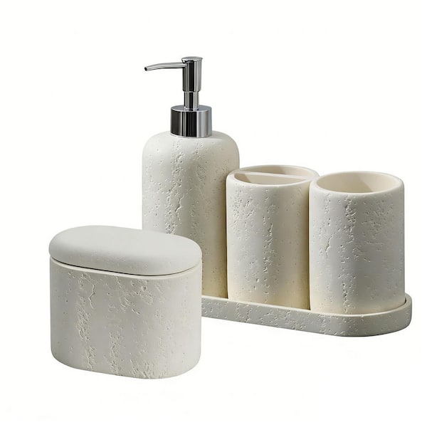5-Piece Bathroom Accessory Set with Soap Dispenser, Mouthwash Cup and Toothbrush Holder, Qtip Holder and Tray in Cream