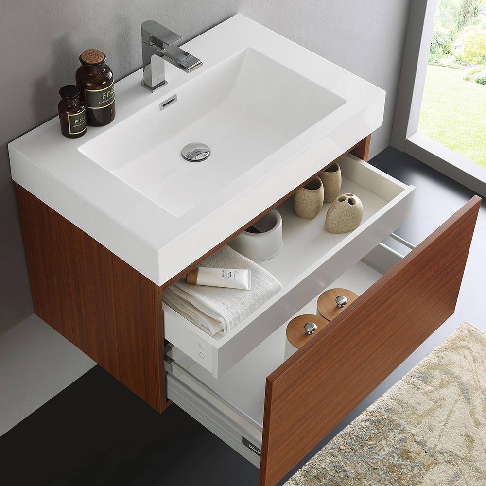 Teak 30" Wall-Mounted Single Sink Bathroom Vanity with Acrylic Top