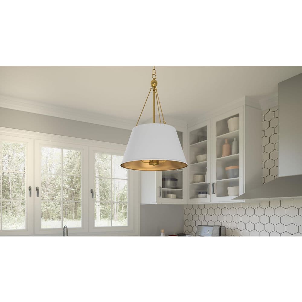 White Lustre Drum Pendant Light with Gold Accents