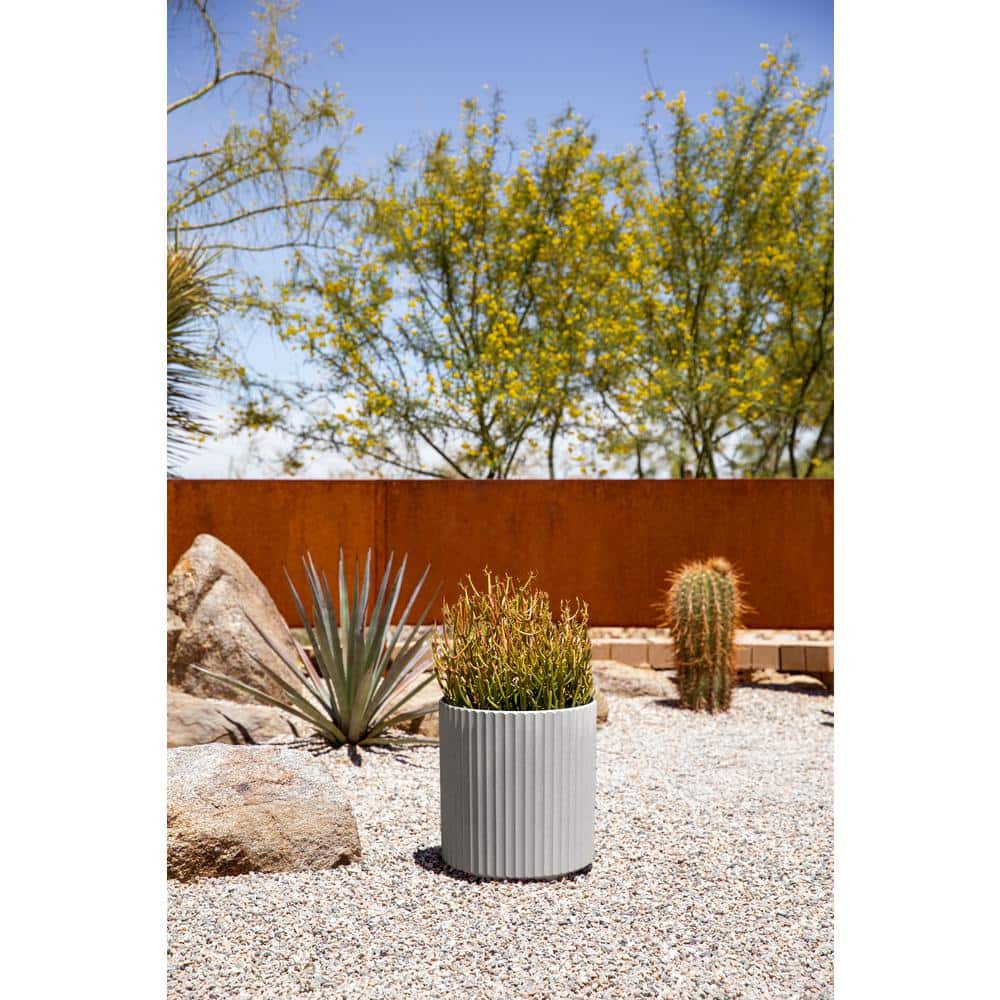 Gray Fluted Plastic-Concrete Round Planter, 11.5" H