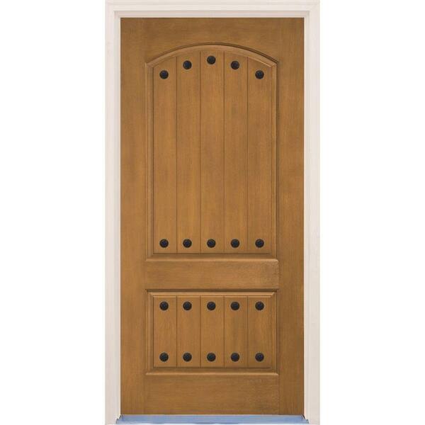 Builder's Choice 36 in. x 80 in. 2-Panel Arch Top V-Groove Natural Oak Stained Prefinished Fiberglass Prehung Front Door