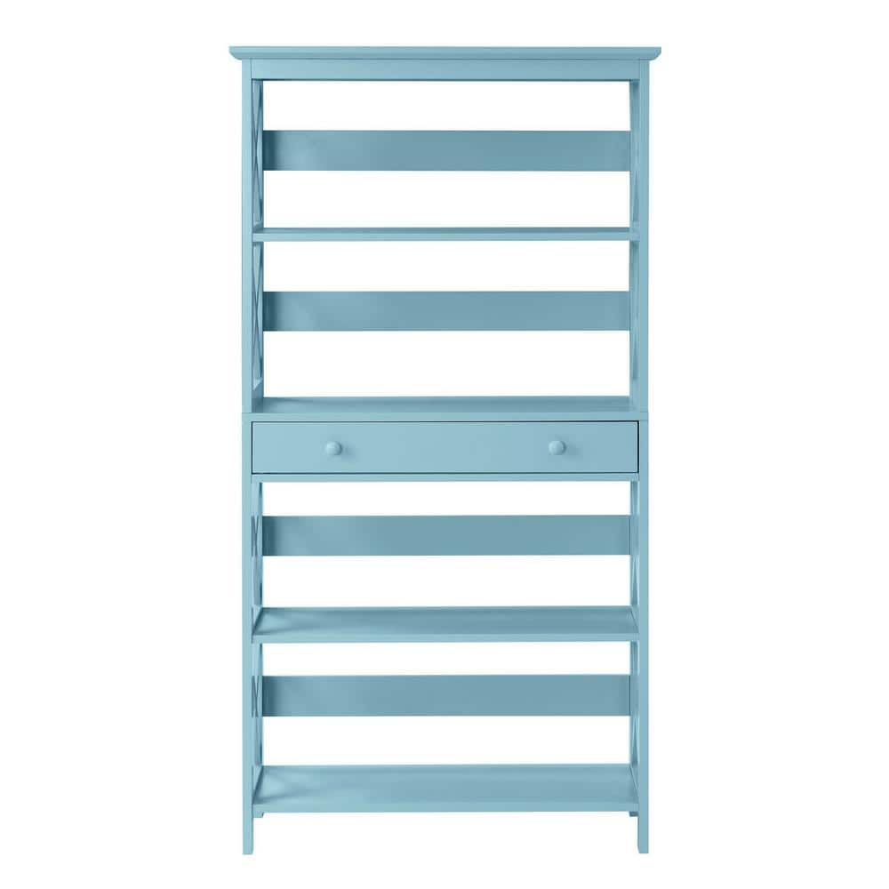 Sea Foam Blue 5-Tier Wooden Bookcase with Concealed Drawer