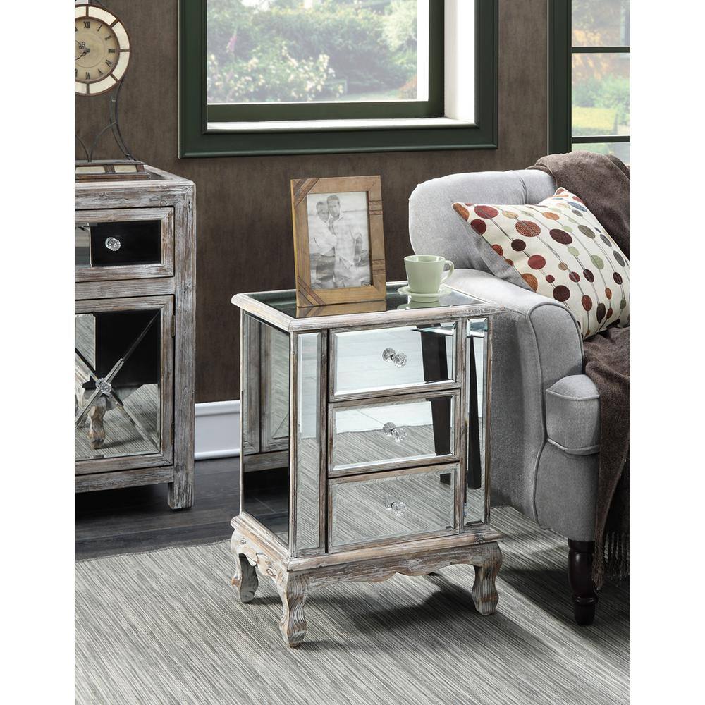 Elegant Weathered White Mirrored End Table with 3 Drawers