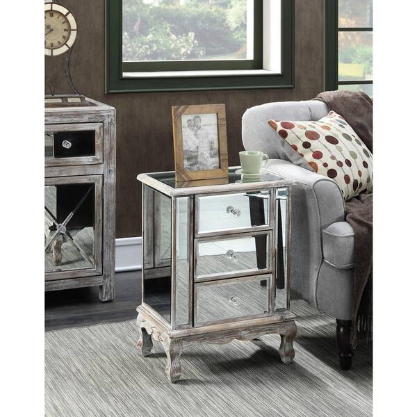 Convenience Concepts Gold Coast Vineyard 12 in. Weathered White Standard Rectangular Mirrored End Table with 3 Drawers U12 113