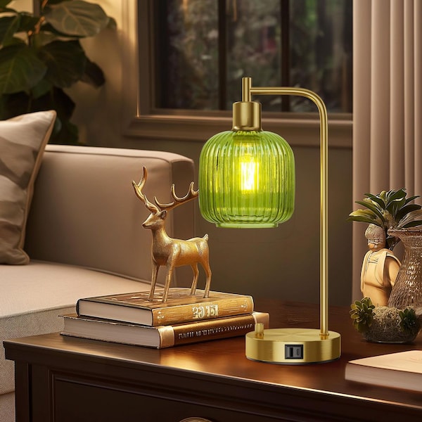 16.92 in. Green Glass Table Lamps Set of 2, Industrial Vintage Lamps with Usb A and C Ports for Bedroom