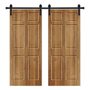 Modern 6 Panel Designed 56 in. x 80 in. Wood Panel Brair Smoke Painted Double Sliding Barn Door with Hardware Kit