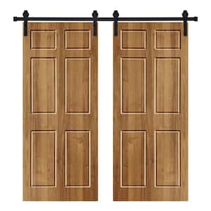 Modern 6 Panel Designed 60 in. x 84 in. Wood Panel Brair Smoke Painted Double Sliding Barn Door with Hardware Kit
