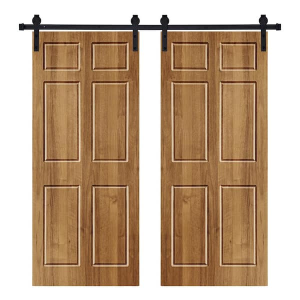 AIOPOP HOME Modern 6 Panel Designed 64 in. x 84 in. Wood Panel Brair Smoke Painted Double Sliding Barn Door with Hardware Kit
