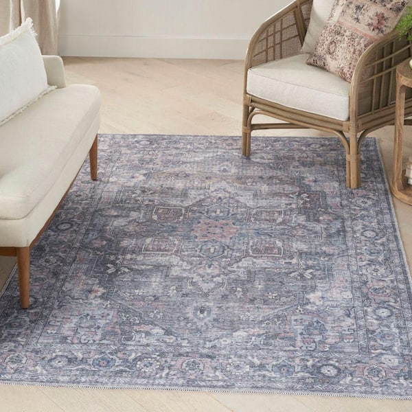 Nourison 57 Grand Machine Washable Grey 4 ft. x 6 ft. Floral ...