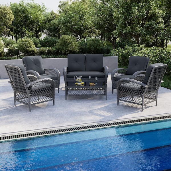 UPHA 6-Piece Wicker Patio Conversation Set Outdoor Chair Set with Loveseat and Coffee Table, Gray Cushions