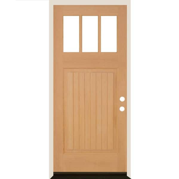 Krosswood Doors 36 in. x 80 in. Craftsman 3 Lite V Groove Unfinished Stain Left-Hand/Inswing Douglas Fir Prehung Front Door