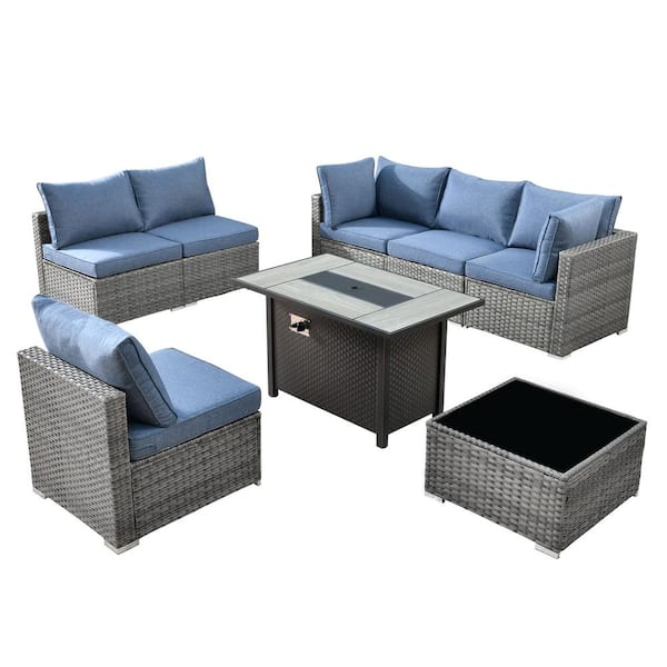 Gemini 8-Piece Wicker Patio Rectangular Fire Pit Set with Denim Blue Cushions