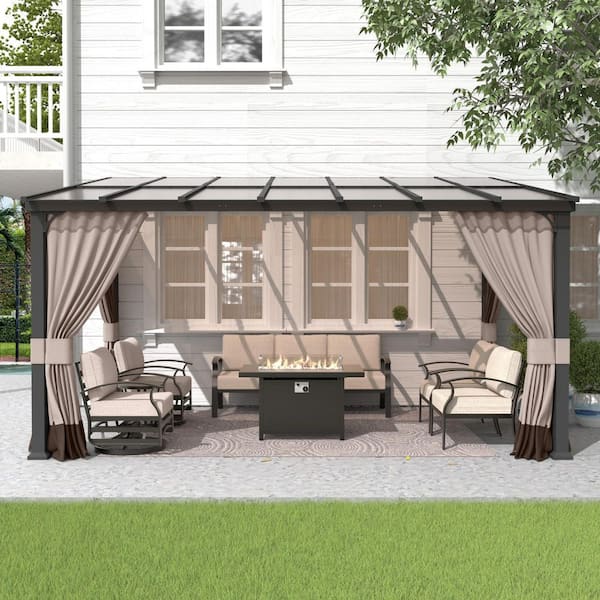 10 ft. x 14 ft. Gray Wall-Mounted Sloping Roof Gazebo with Khaki Curtain and Netting, Sunroom