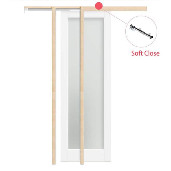 TENONER 24 in. x 80 in. White Primed Solid Wood 1-Lite Forested Glass Pocket Door with Hardware Kit (Soft Close Included)