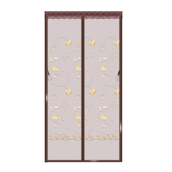 Shatex 39 in. x 83 in. Brown Plastic Magnetic Screen Door Embroidered Rose Bi-Parting