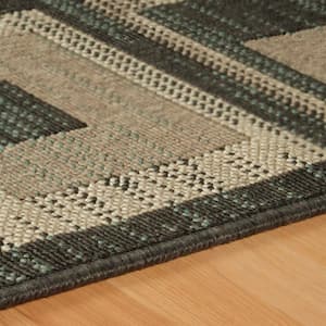 8 ft. Color Block Beige and Teal Checkered Stain Resistant Runner Rug