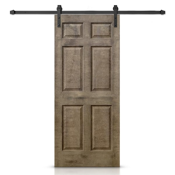 CALHOME 30 in. x 80 in. Vintage Brown Stain Composite MDF 6 Panel Interior Sliding Barn Door with Hardware Kit