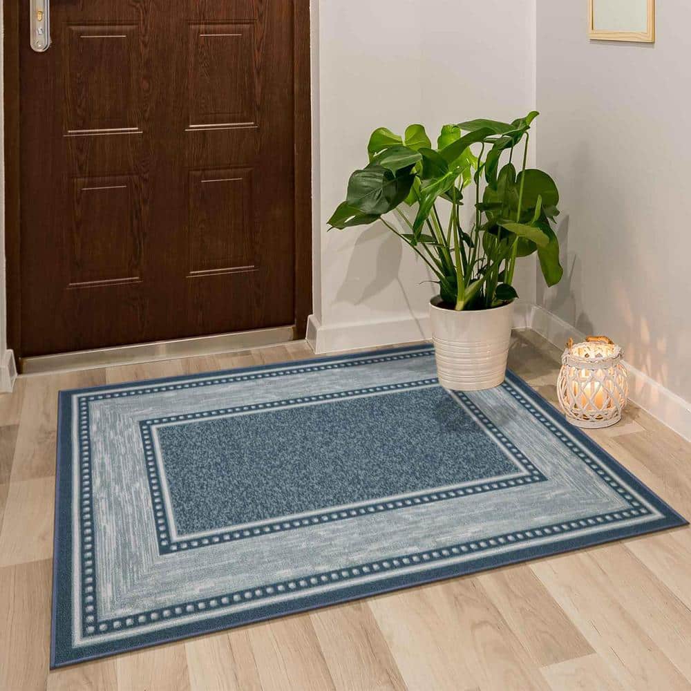 Blue and Gray Synthetic Non-Slip Rectangular Area Rug