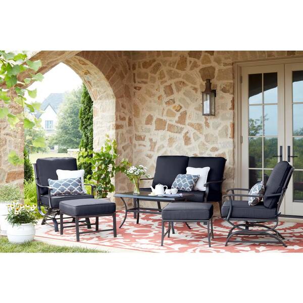 Hampton Bay Redwood Valley Black 6-Piece Steel Outdoor Patio Deep Seating Set with CushionGuard Sky Blue Cushions