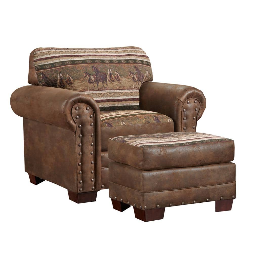 Brown Microfiber and Wood Rustic Accent Chair with Ottoman
