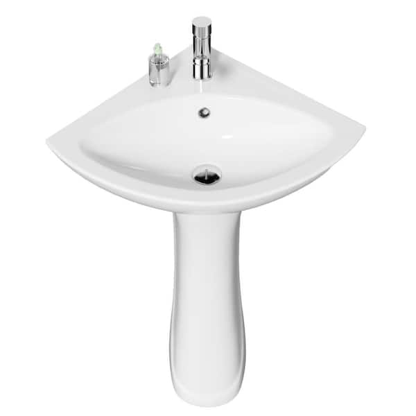 Small Bathroom Corner Sink 23 in. W x 18.75 in. D Corner Sink in White Ceramic Pedestal Sink with Overflow Sink