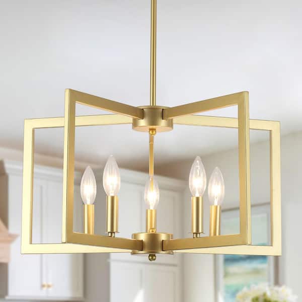 5-Light Farmhouse Rectangular Gold Hanging Linear Island Chandelier Lighting for Kitchen Island