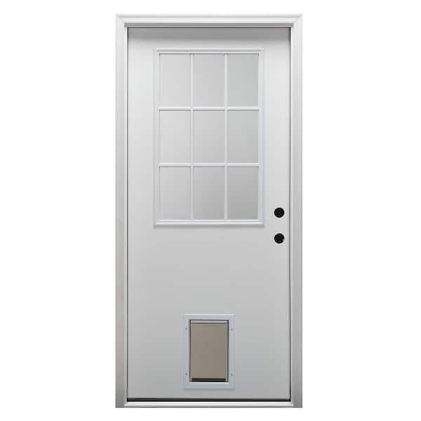 MMI DOOR 30 in. x 80 in. Classic Left-Hand Inswing 1/2-Lite Clear Primed Fiberglass Smooth Prehung Front Door with Pet Door