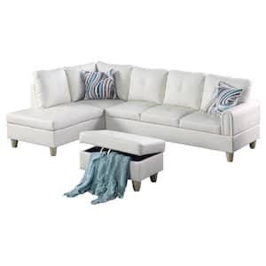 25 in. W Rolled Arm 3-Piece Leather Straight Sofa in White