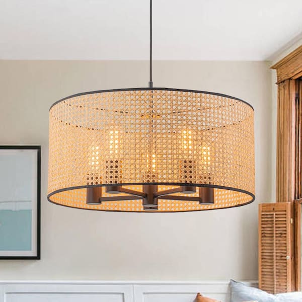 Ravia 23.6 in. 5-Light Matte Black Pendant Light with Handwoven Rattan Drum Shade