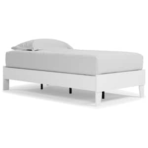 White Wooden Frame Twin Platform Bed with Minimalistic Crisp Wood Base