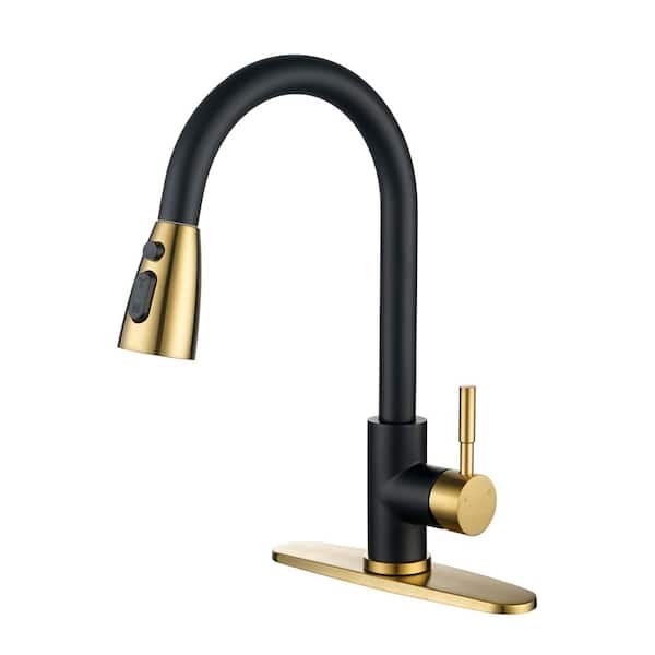 ALEASHA Single Handle Pull Down Sprayer Kitchen Sink Faucet in Black and Gold