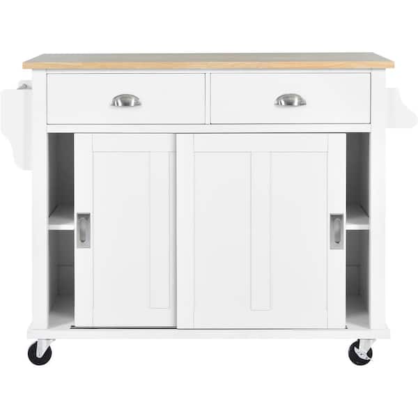 Unbranded White Rubber Wood Kitchen Cart with Drop-Leaf, Concealed Sliding Barn Door, 4-Wheels with Storage Cabinet and 2-Drawers