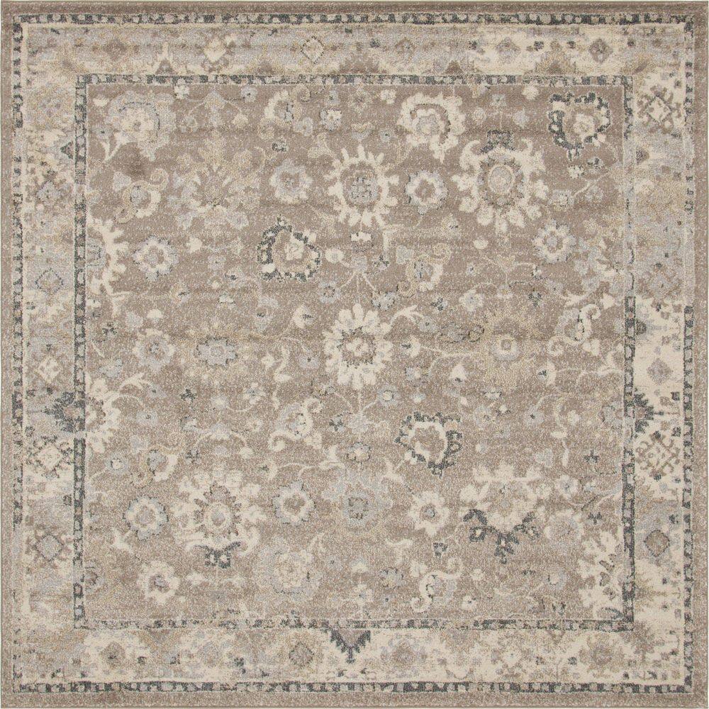 8' Square Light Brown Floral Synthetic Rug
