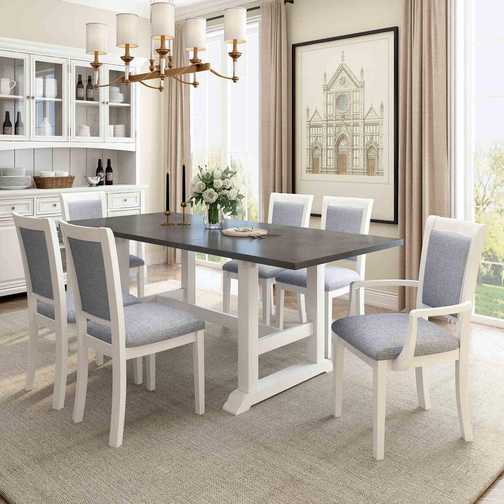 Polibi 7-Piece White/gray Extendable Wood Top Dining Room Set Seats 6 ...
