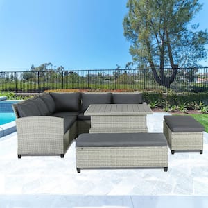 6-Piece Grey Wicker Patio Outdoor Sectional L Shaped Couch Sofa Set with Adjustable Height Coffee Table and Cushions