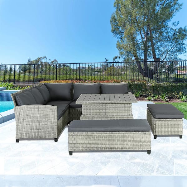 Unbranded 6-Piece Grey Wicker Patio Outdoor Sectional L Shaped Couch Sofa Set with Adjustable Height Coffee Table and Cushions