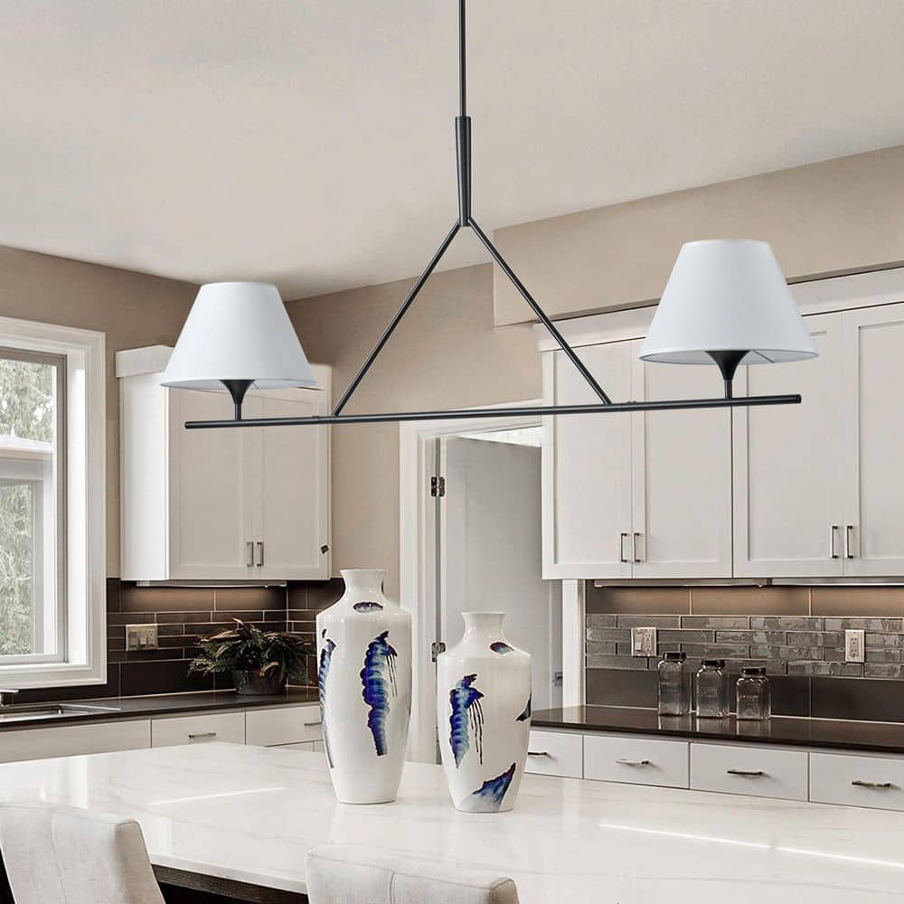 aiwen 54.33 in. 2-Light Kitchen Island Linear Chandelier Classic Matte  Black Pendant Light with fabric shades AD-L342-Black - The Home Depot, image size:1000x1000